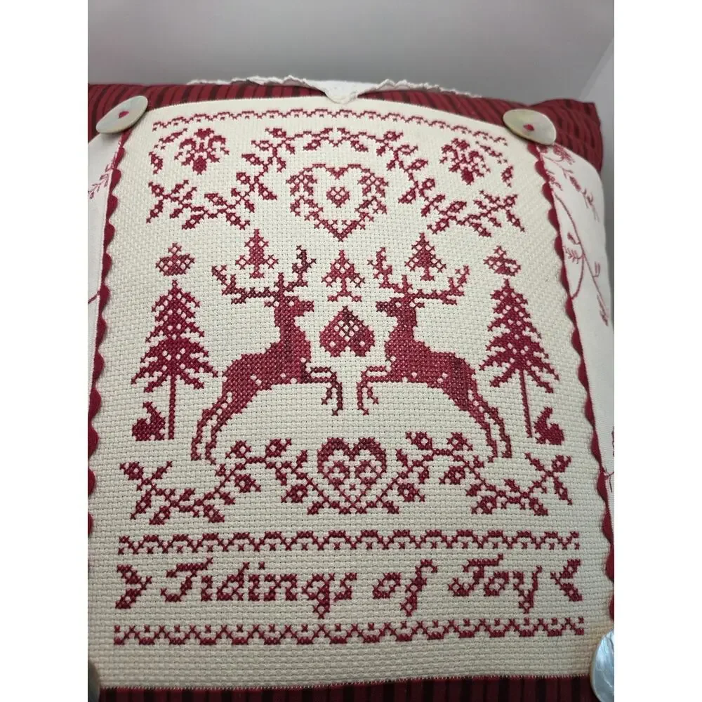Pillow Decorative Counted Cross Stitch Christmas Folk Art 14 x 14 Cottage Core